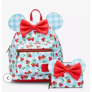 Loungefly NWT Disney Minnie Mouse Gingham Cherry Mini Backpack w/ wallet